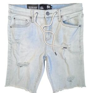 RSQ London Skinny Mens Denim Shorts Light Wash Distressed Drawstring Blue 31